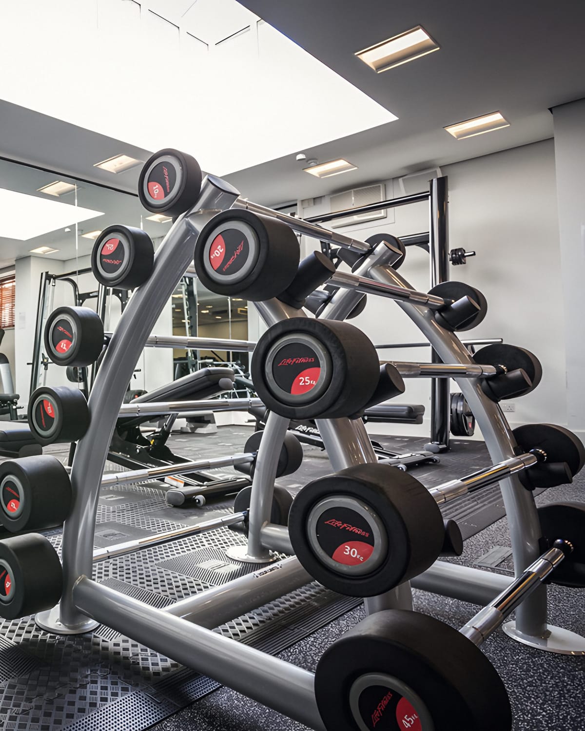A rack of fixed-weight barbells on the gym floor at the Health & Fitness Club, Bedford Lodge