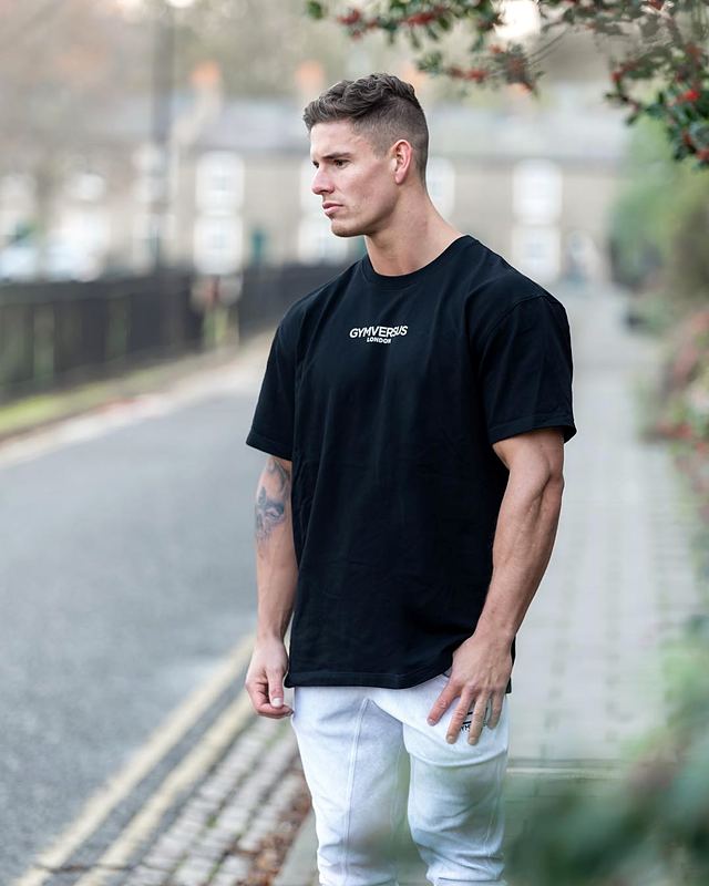Luke in a black T-shirt on a street (Instagram post)