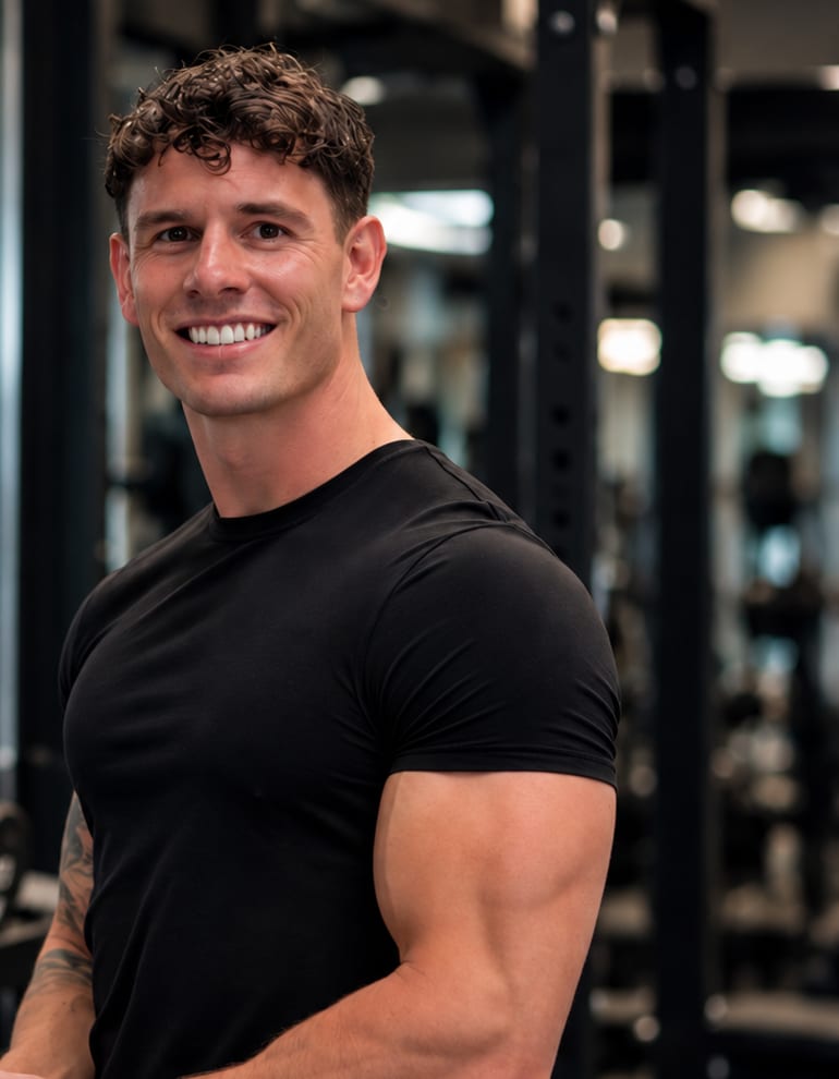 Luke Hayes smiling in a black T-shirt in the gym